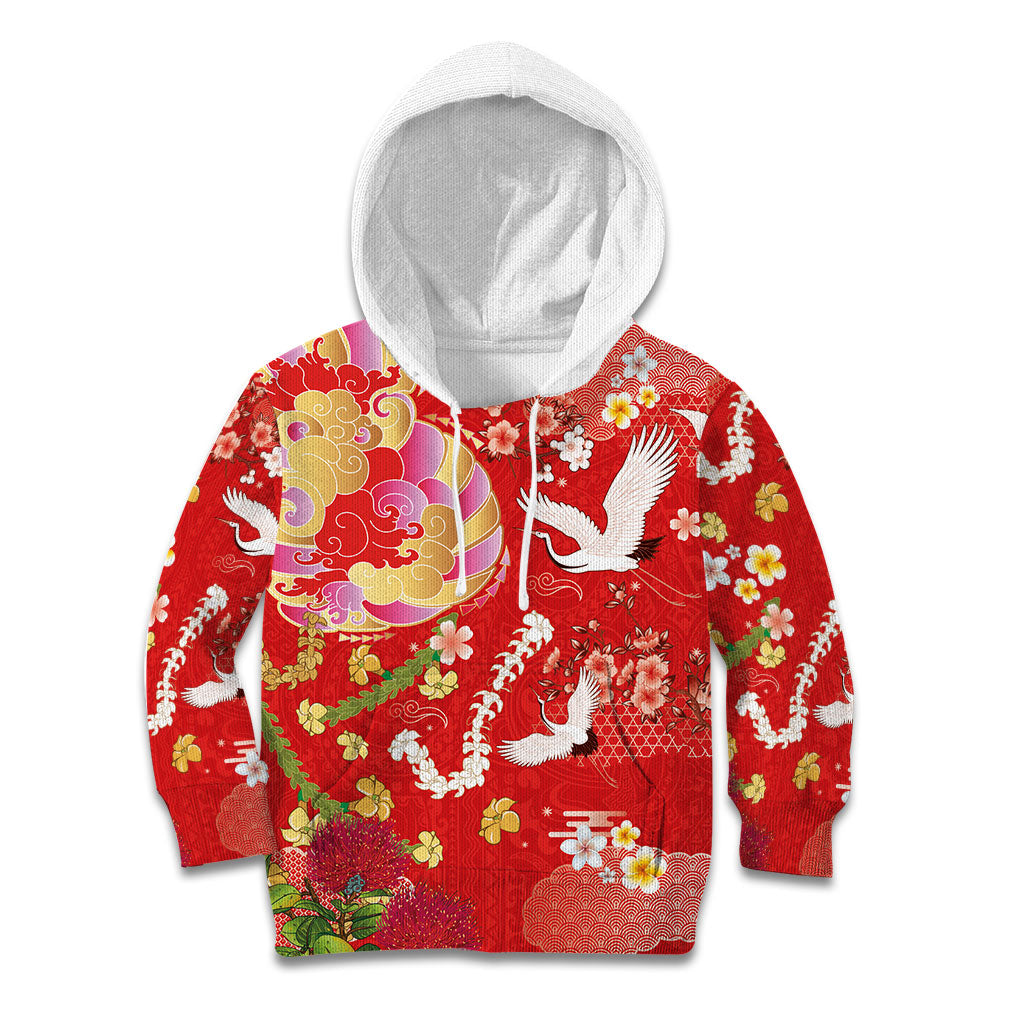 Hawaiian and Japanese Culture Together Kid Hoodie Kakau Tribal Pattern and Irezumi Art Red Color LT03 Hoodie Red - Polynesian Pride