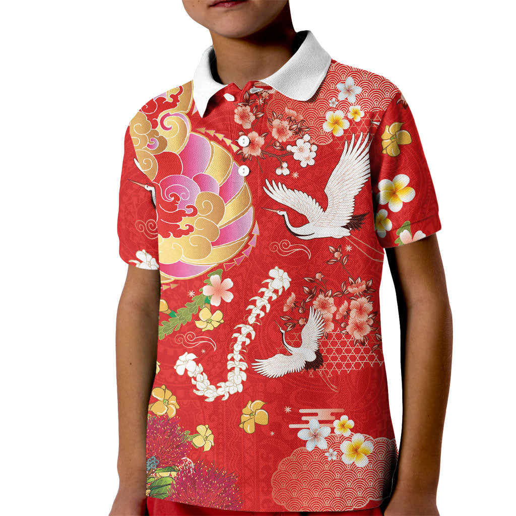 Hawaiian and Japanese Culture Together Kid Polo Shirt Kakau Tribal Pattern and Irezumi Art Red Color LT03 Kid Red - Polynesian Pride
