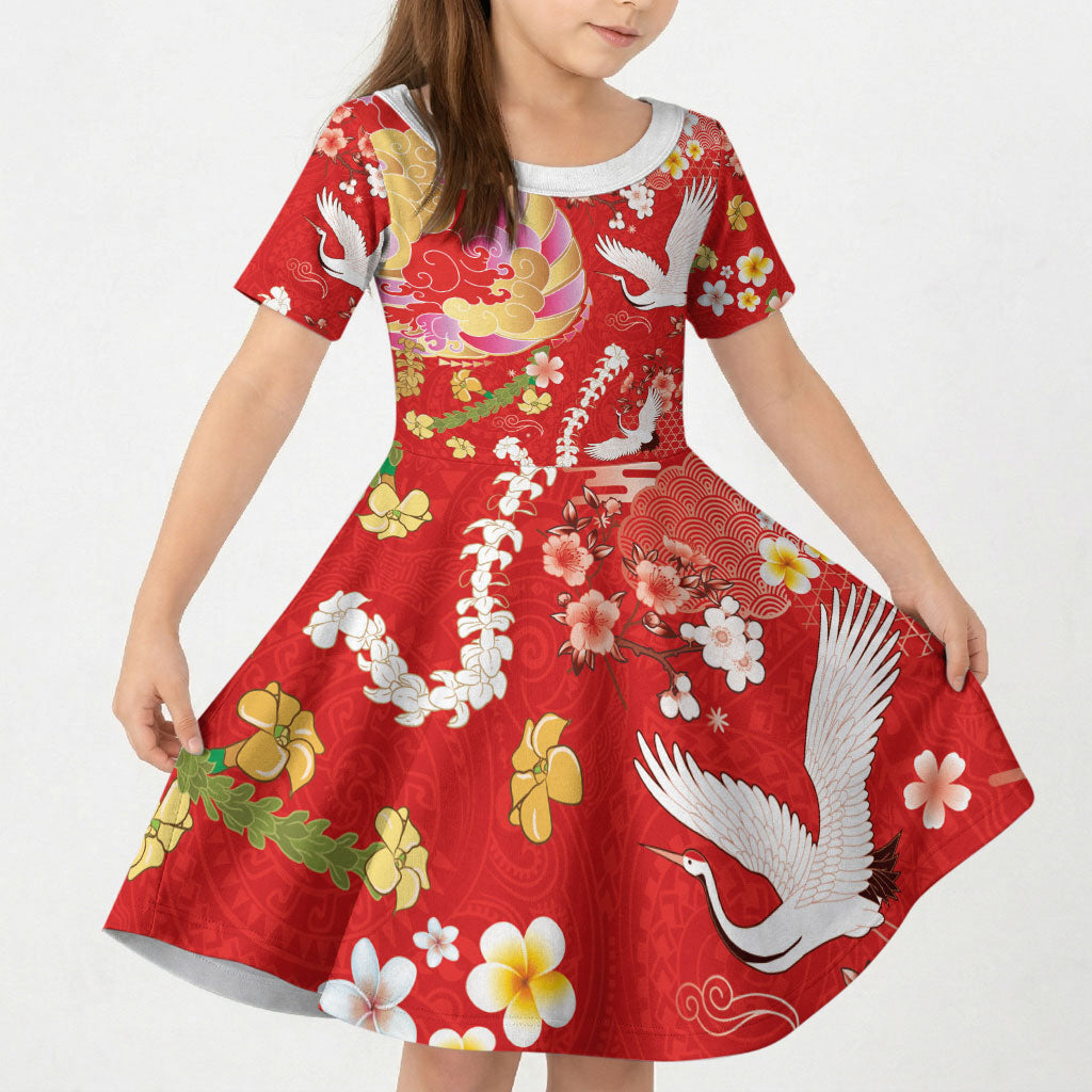 Hawaiian and Japanese Culture Together Kid Short Sleeve Dress Kakau Tribal Pattern and Irezumi Art Red Color LT03 KID Red - Polynesian Pride