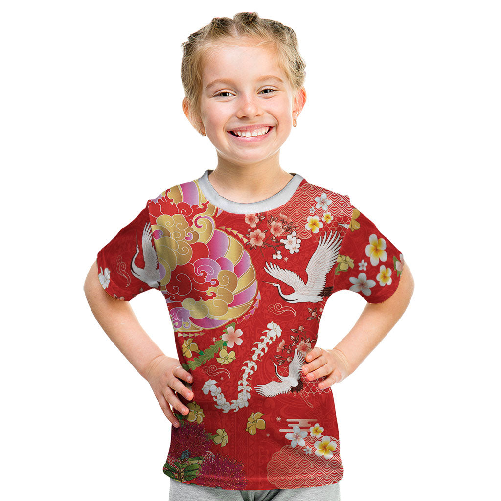 Hawaiian and Japanese Culture Together Kid T Shirt Kakau Tribal Pattern and Irezumi Art Red Color LT03 Red - Polynesian Pride