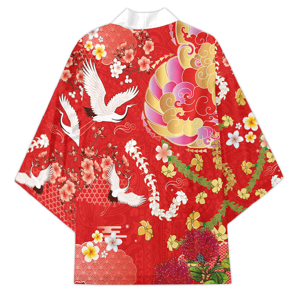 Hawaiian and Japanese Culture Together Kimono Kakau Tribal Pattern and Irezumi Art Red Color