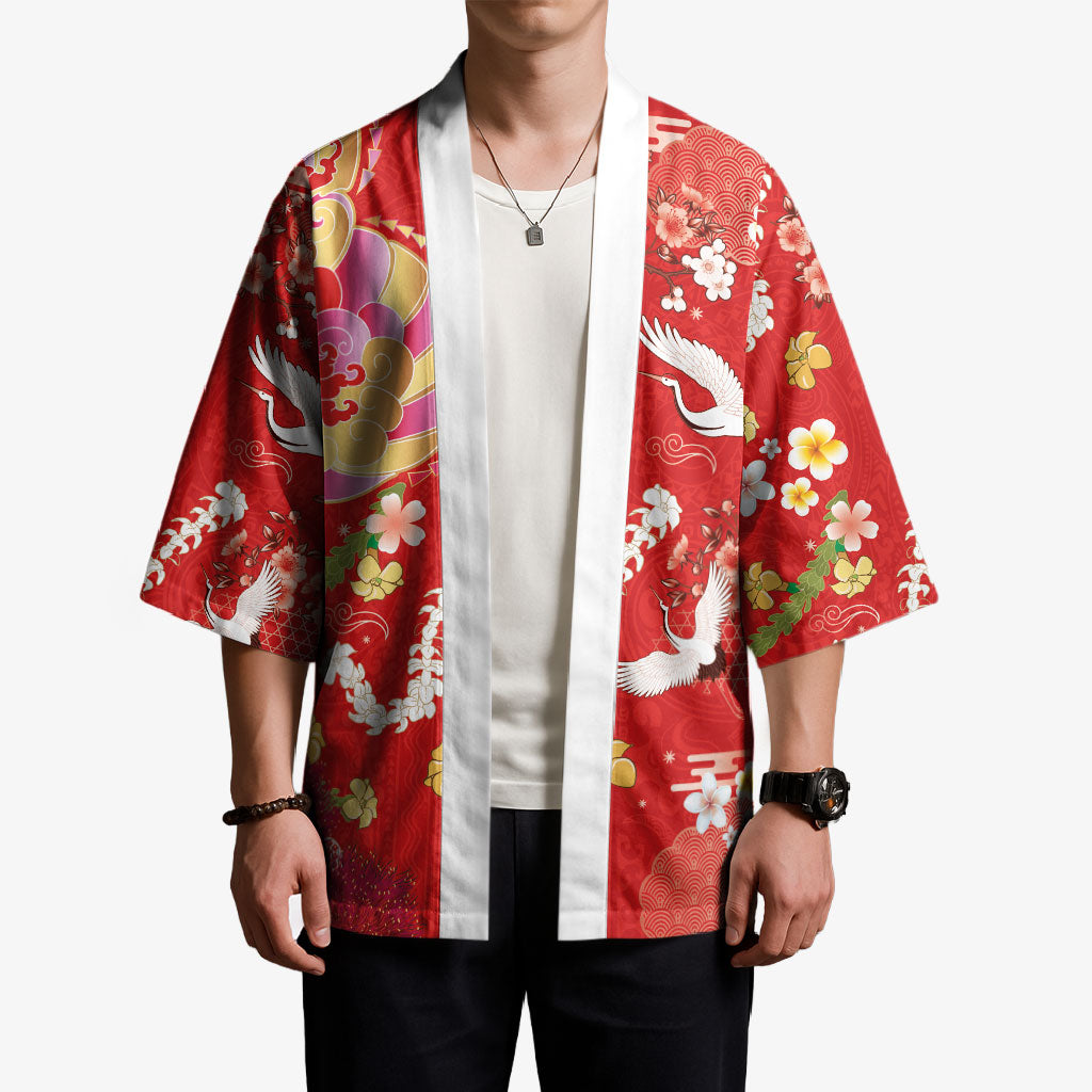 Hawaiian and Japanese Culture Together Kimono Kakau Tribal Pattern and Irezumi Art Red Color