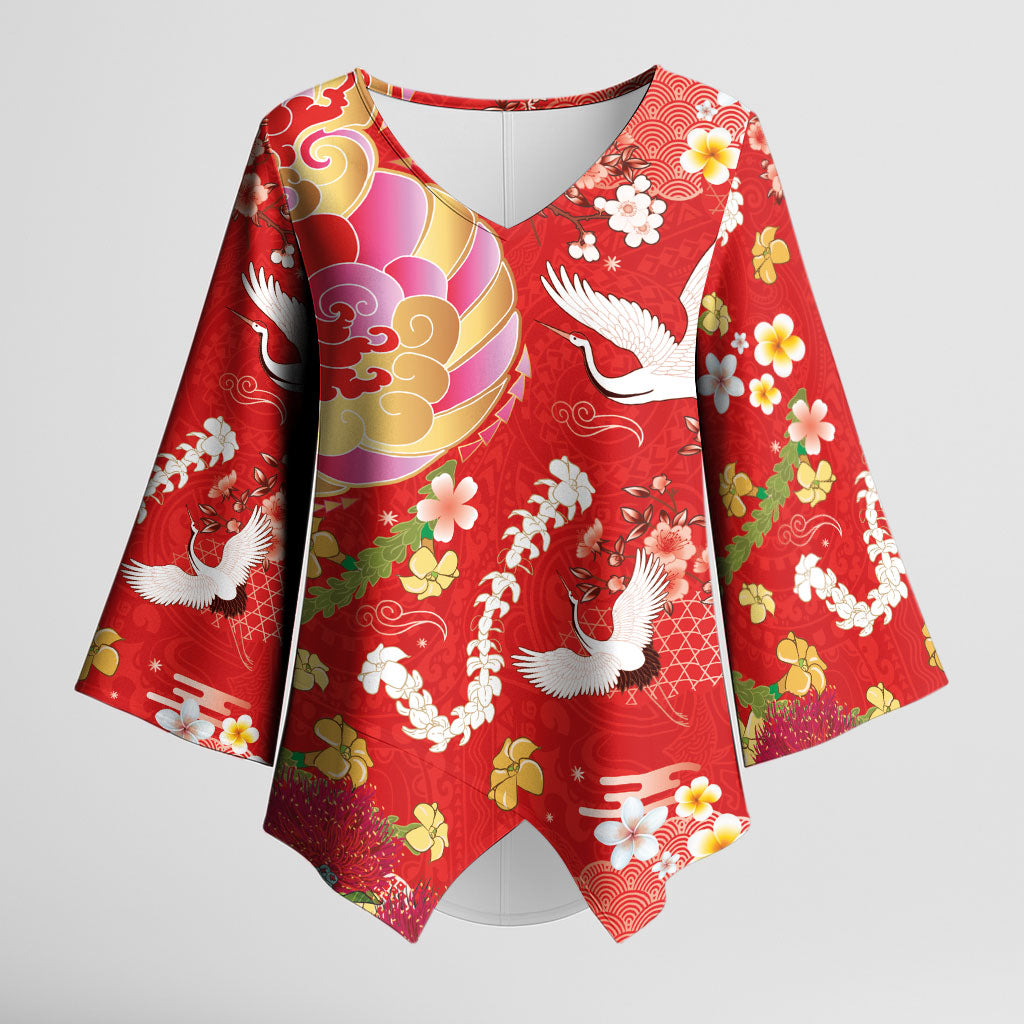 Hawaiian and Japanese Culture Together Kimono Sleeve Blouse Kakau Tribal Pattern and Irezumi Art Red Color LT03 Female Red - Polynesian Pride