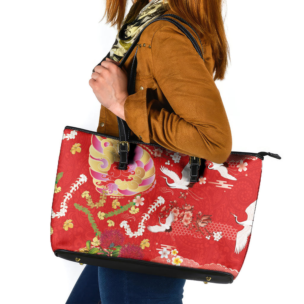 Hawaiian and Japanese Culture Together Leather Tote Bag Kakau Tribal Pattern and Irezumi Art Red Color LT03 Red - Polynesian Pride