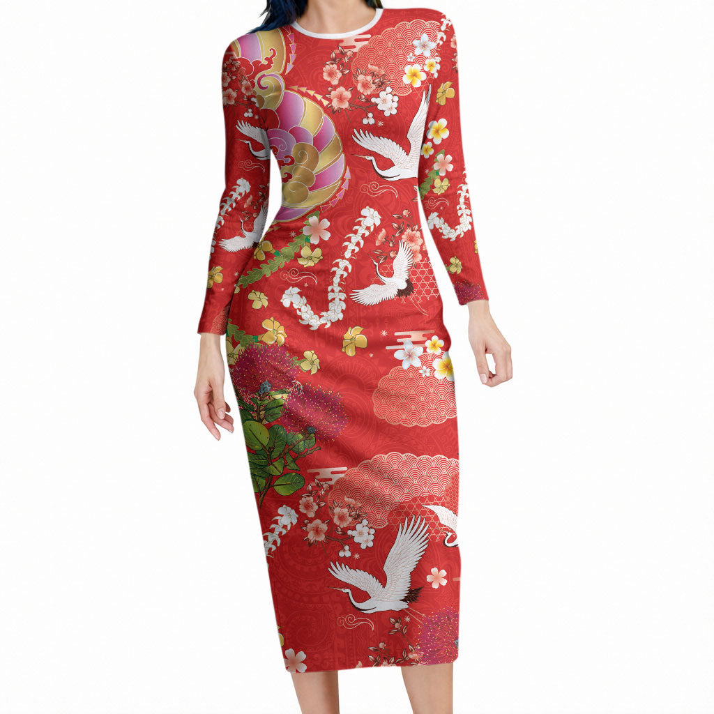 Hawaiian and Japanese Culture Together Long Sleeve Bodycon Dress Kakau Tribal Pattern and Irezumi Art Red Color LT03 Long Dress Red - Polynesian Pride