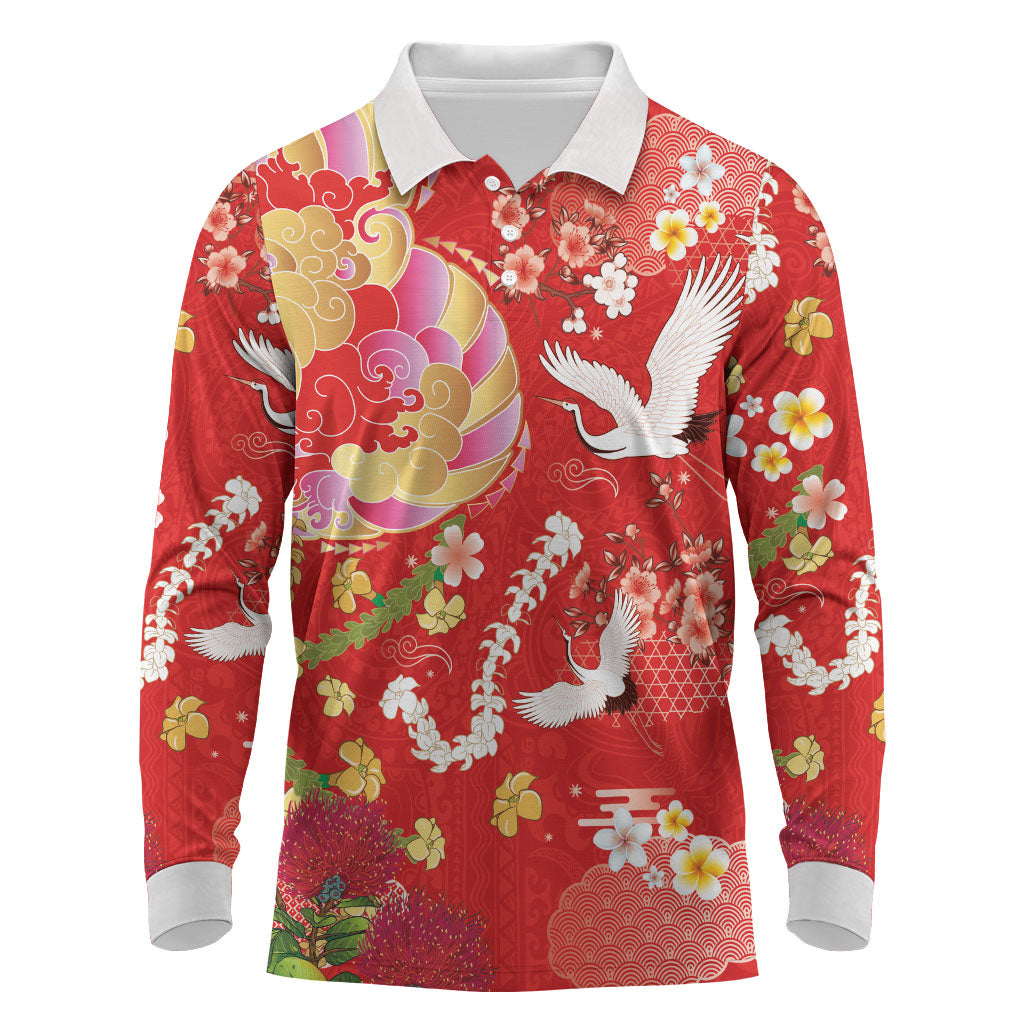 Hawaiian and Japanese Culture Together Long Sleeve Polo Shirt Kakau Tribal Pattern and Irezumi Art Red Color LT03 Red - Polynesian Pride