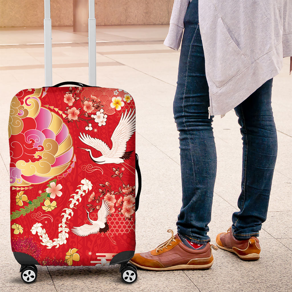Hawaiian and Japanese Culture Together Luggage Cover Kakau Tribal Pattern and Irezumi Art Red Color LT03 Red - Polynesian Pride