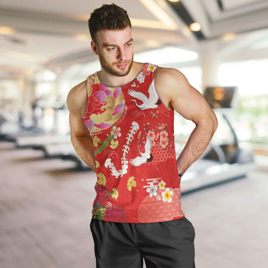 Hawaiian and Japanese Culture Together Men Tank Top Kakau Tribal Pattern and Irezumi Art Red Color LT03 Red - Polynesian Pride