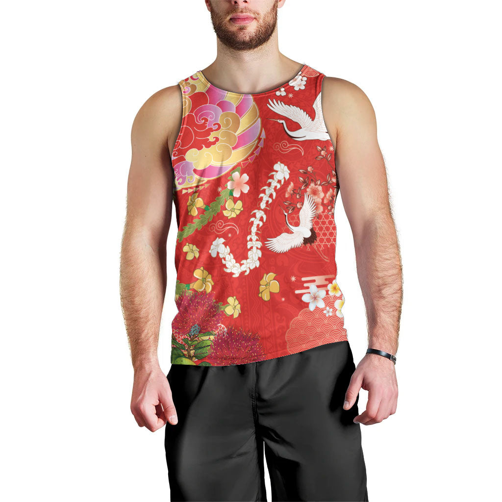 Hawaiian and Japanese Culture Together Men Tank Top Kakau Tribal Pattern and Irezumi Art Red Color