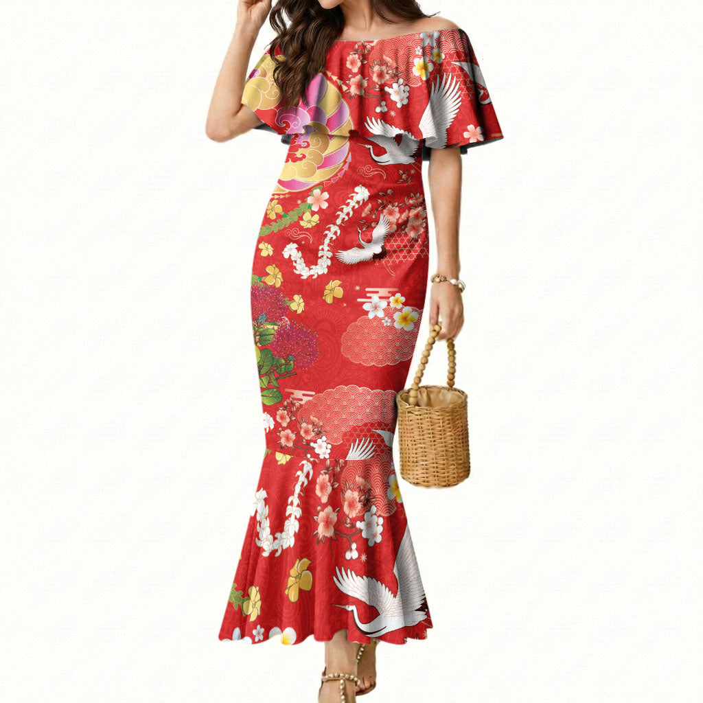 Hawaiian and Japanese Culture Together Mermaid Dress Kakau Tribal Pattern and Irezumi Art Red Color LT03 Women Red - Polynesian Pride