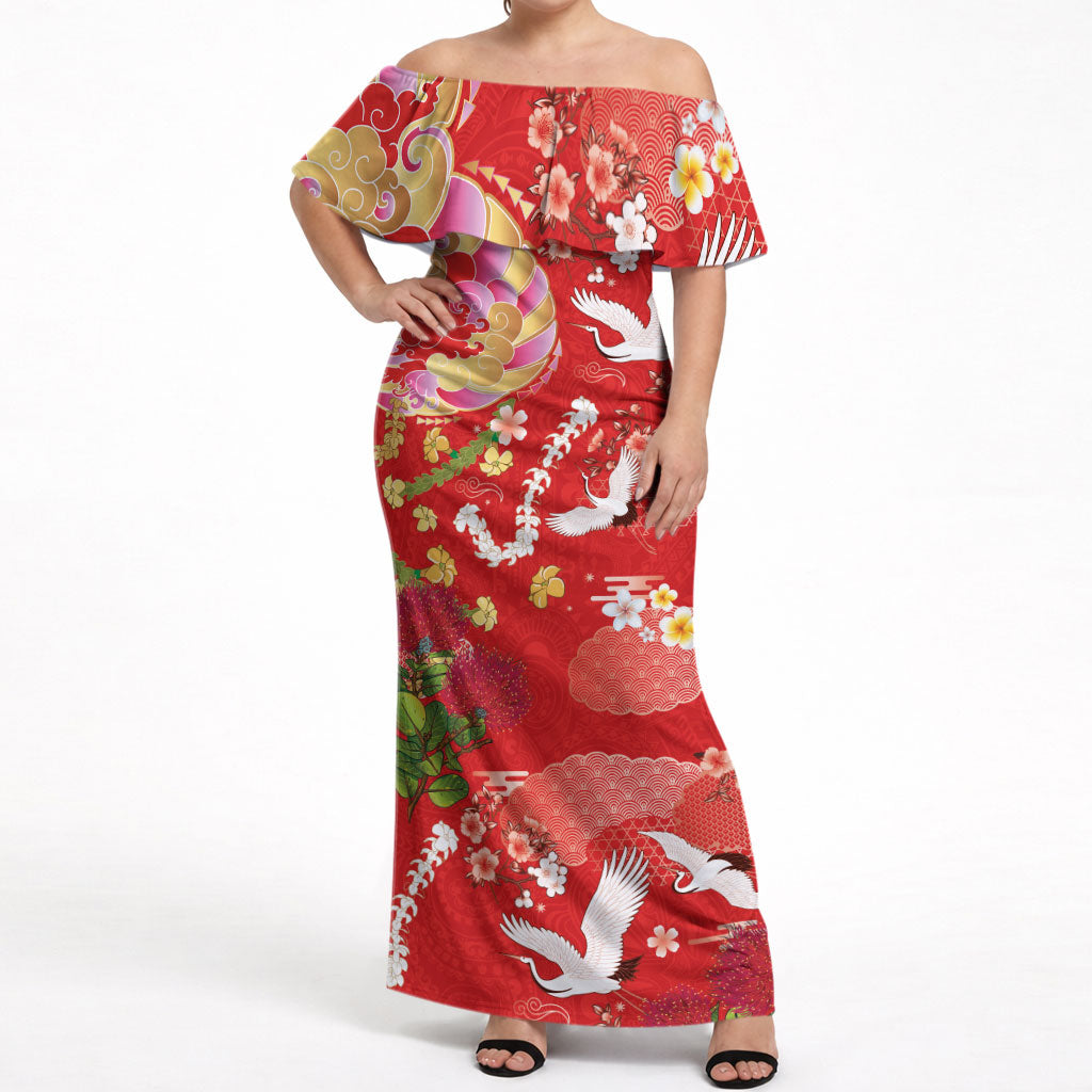 Hawaiian and Japanese Culture Together Off Shoulder Maxi Dress Kakau Tribal Pattern and Irezumi Art Red Color LT03 Women Red - Polynesian Pride