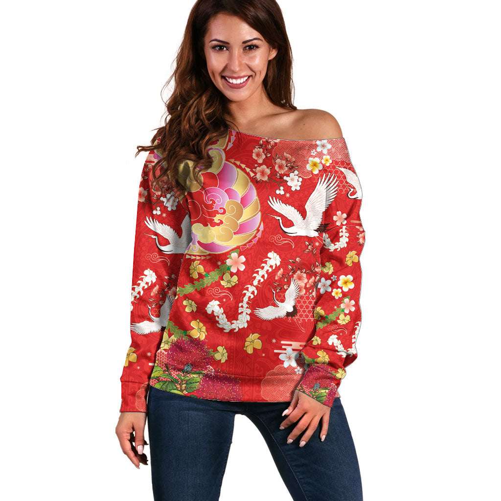Hawaiian and Japanese Culture Together Off Shoulder Sweater Kakau Tribal Pattern and Irezumi Art Red Color LT03 Women Red - Polynesian Pride
