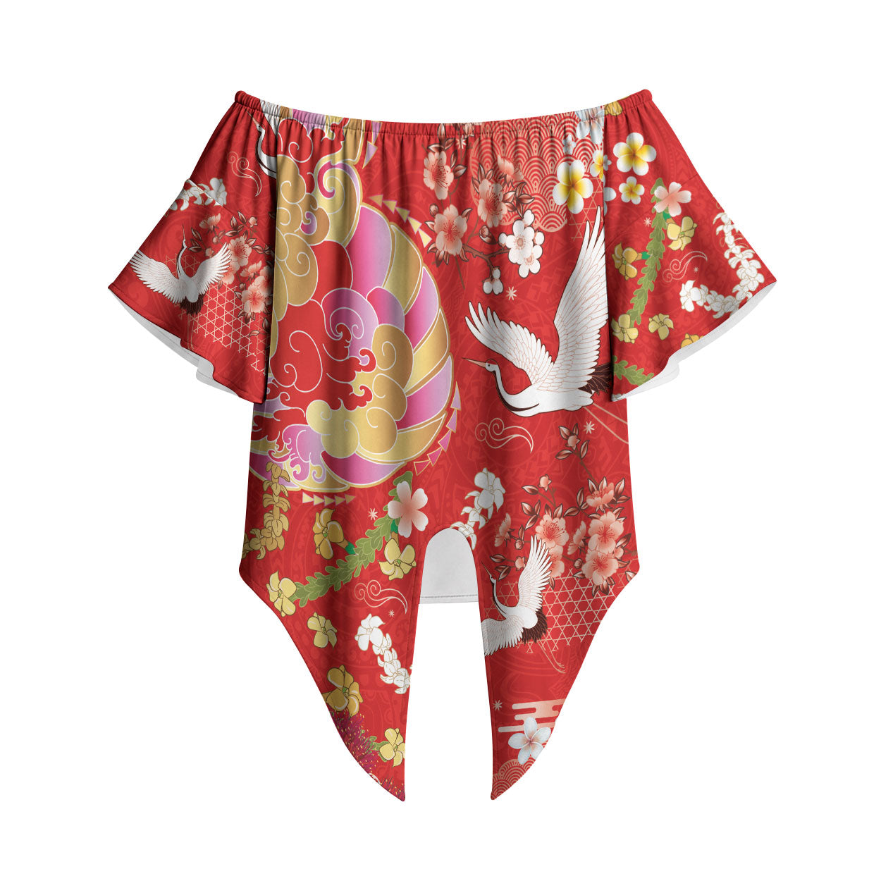 Hawaiian and Japanese Culture Together Off Shoulder Wrap Waist Top Kakau Tribal Pattern and Irezumi Art Red Color LT03 Red - Polynesian Pride