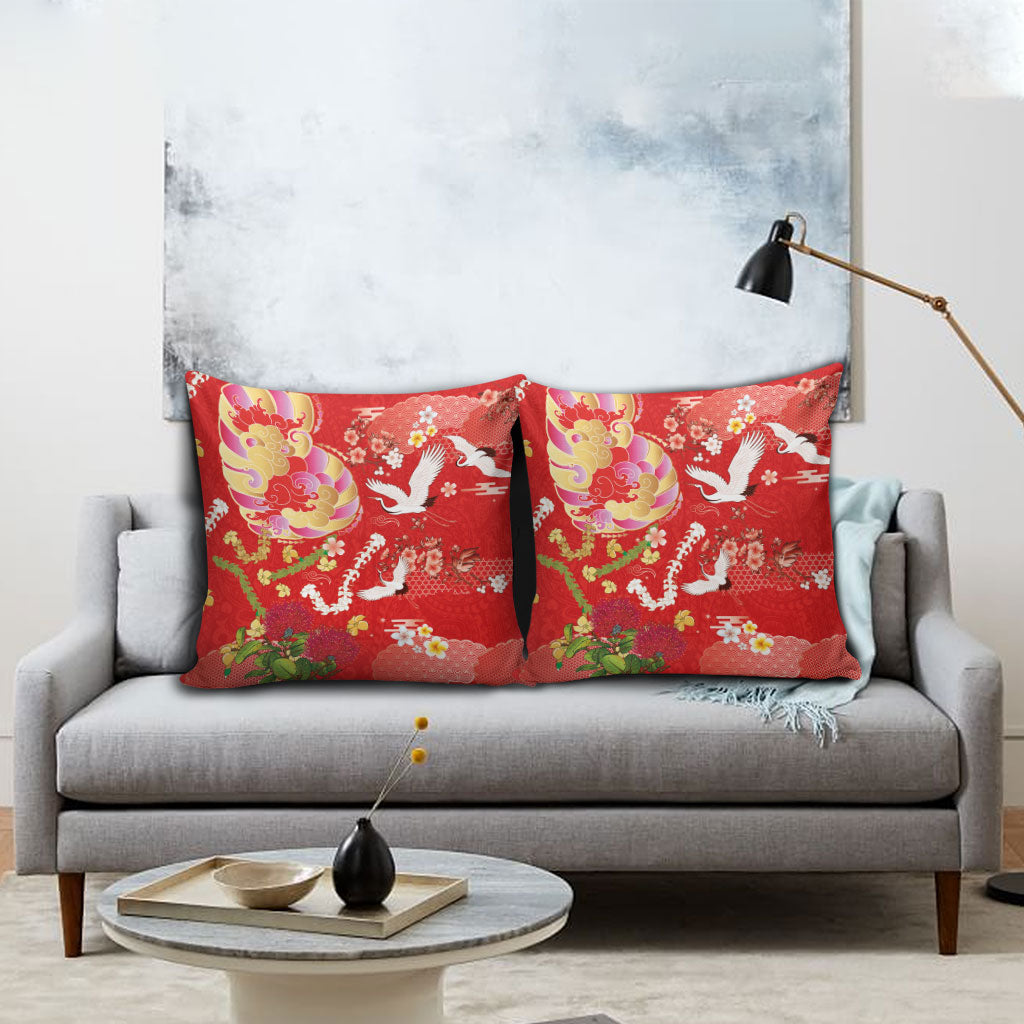 Hawaiian and Japanese Culture Together Pillow Cover Kakau Tribal Pattern and Irezumi Art Red Color LT03 - Polynesian Pride
