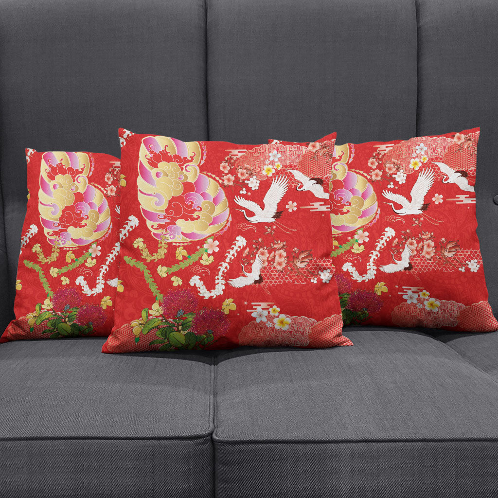 Hawaiian and Japanese Culture Together Pillow Cover Kakau Tribal Pattern and Irezumi Art Red Color LT03 - Polynesian Pride