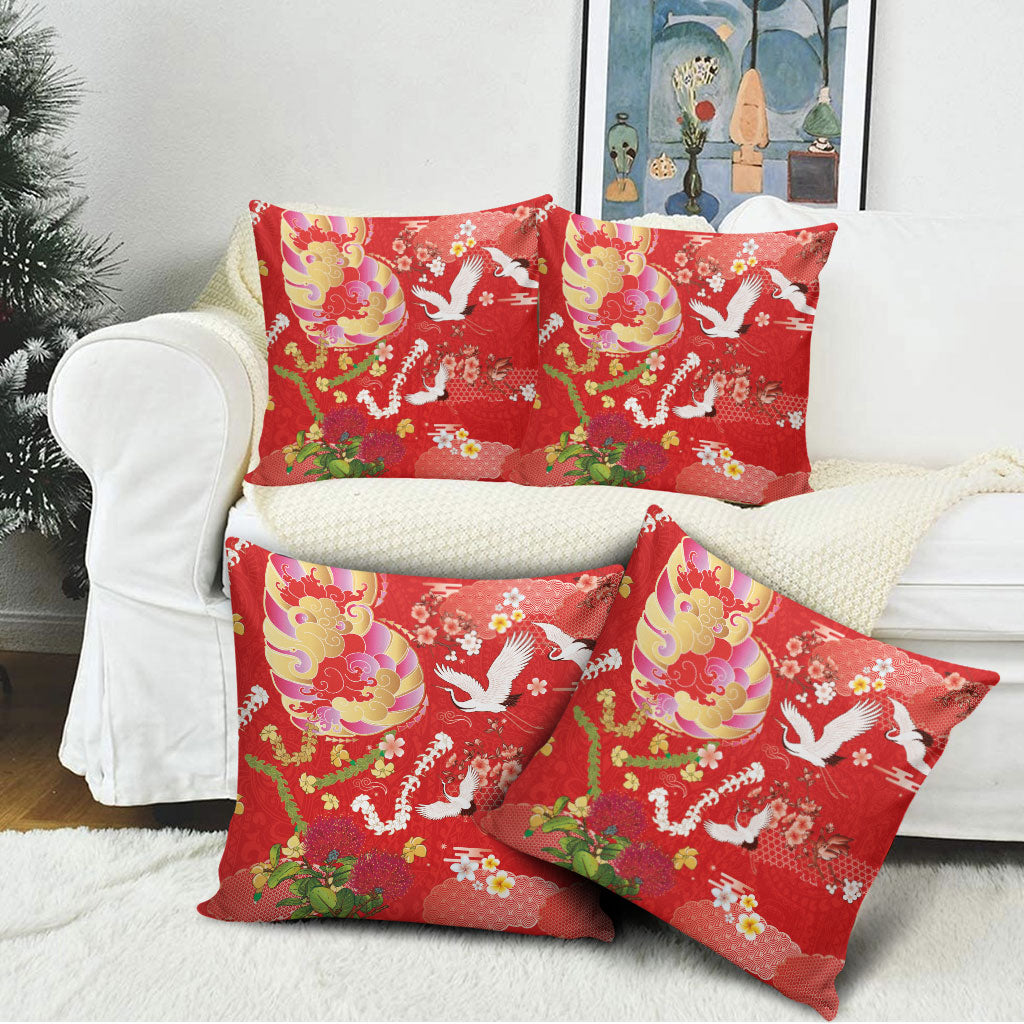 Hawaiian and Japanese Culture Together Pillow Cover Kakau Tribal Pattern and Irezumi Art Red Color LT03 - Polynesian Pride