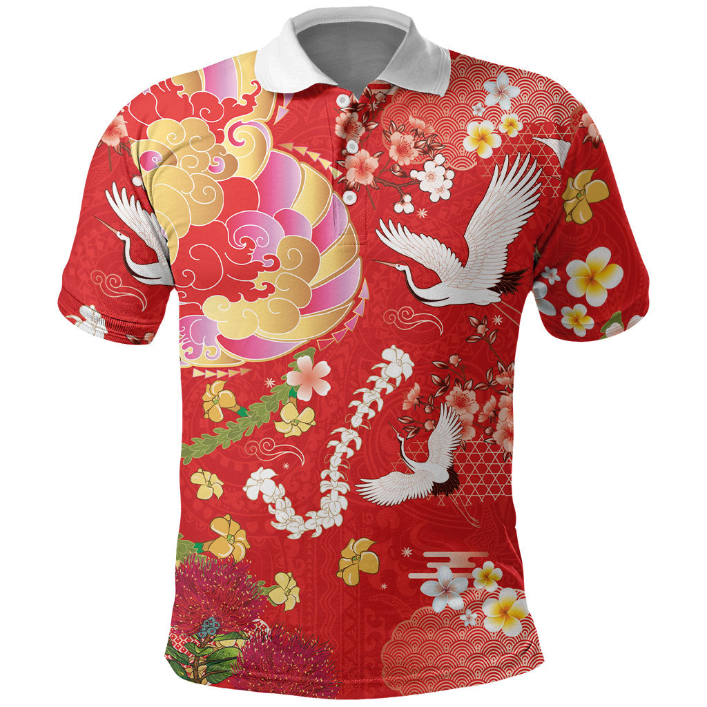 Hawaiian and Japanese Culture Together Polo Shirt Kakau Tribal Pattern and Irezumi Art Red Color LT03 Red - Polynesian Pride