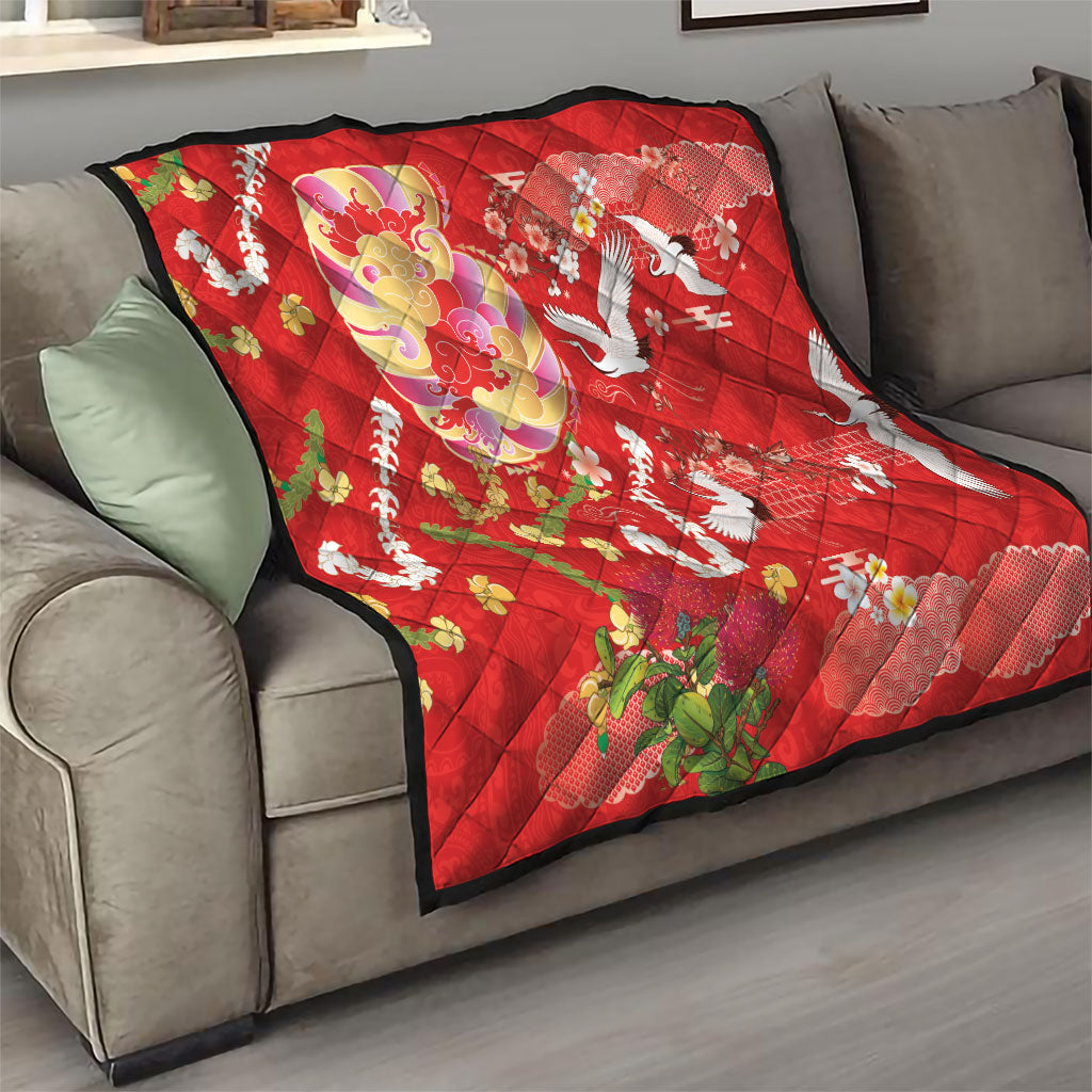 Hawaiian and Japanese Culture Together Quilt Kakau Tribal Pattern and Irezumi Art Red Color LT03 - Polynesian Pride