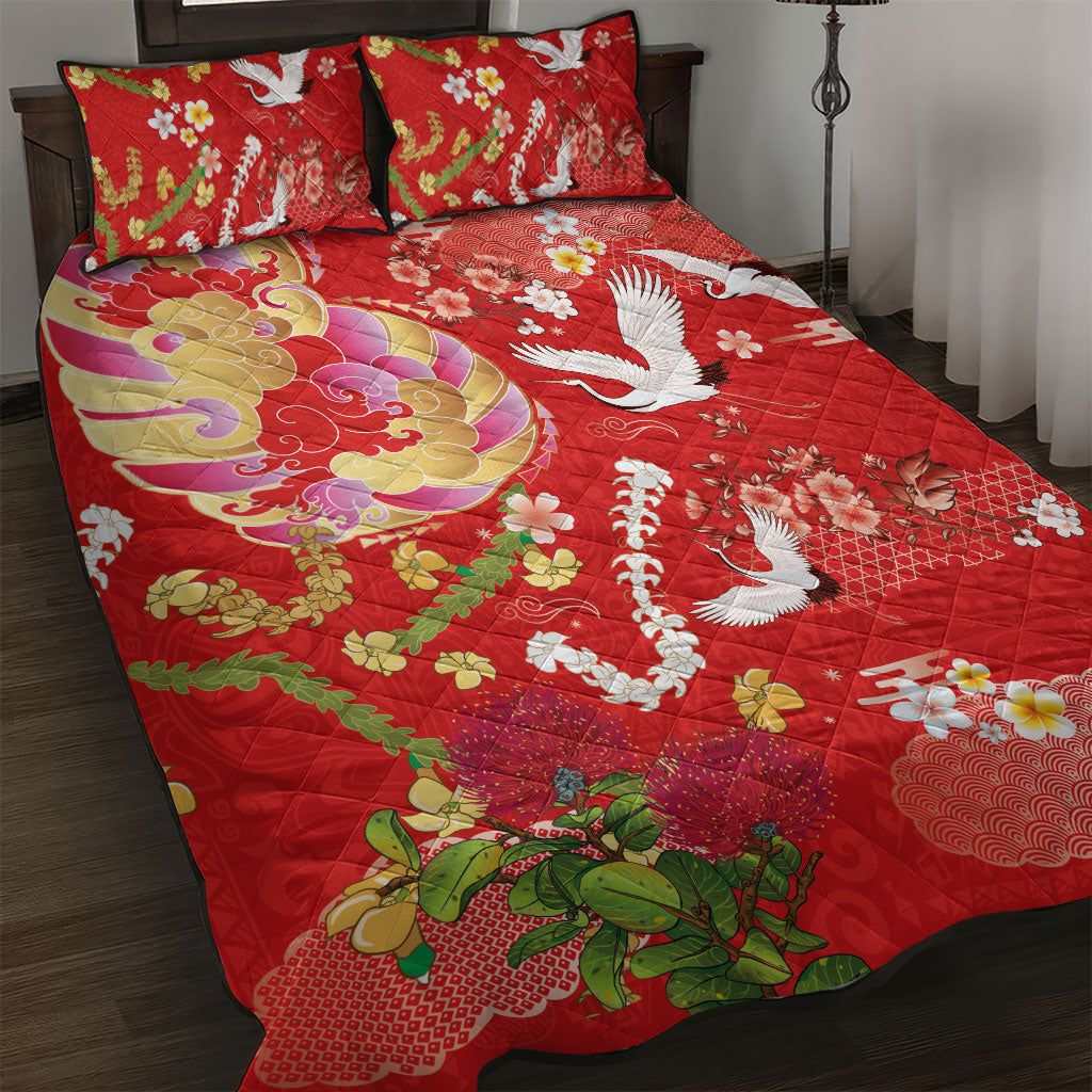 Hawaiian and Japanese Culture Together Quilt Bed Set Kakau Tribal Pattern and Irezumi Art Red Color LT03 Red - Polynesian Pride