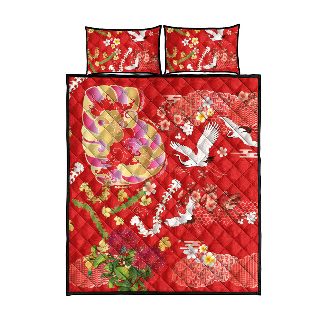 Hawaiian and Japanese Culture Together Quilt Bed Set Kakau Tribal Pattern and Irezumi Art Red Color LT03 - Polynesian Pride