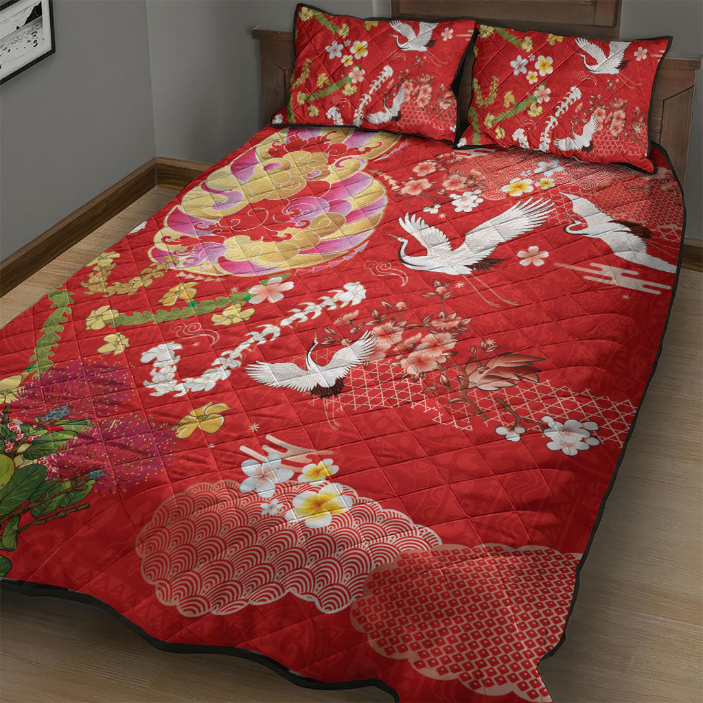 Hawaiian and Japanese Culture Together Quilt Bed Set Kakau Tribal Pattern and Irezumi Art Red Color LT03 - Polynesian Pride