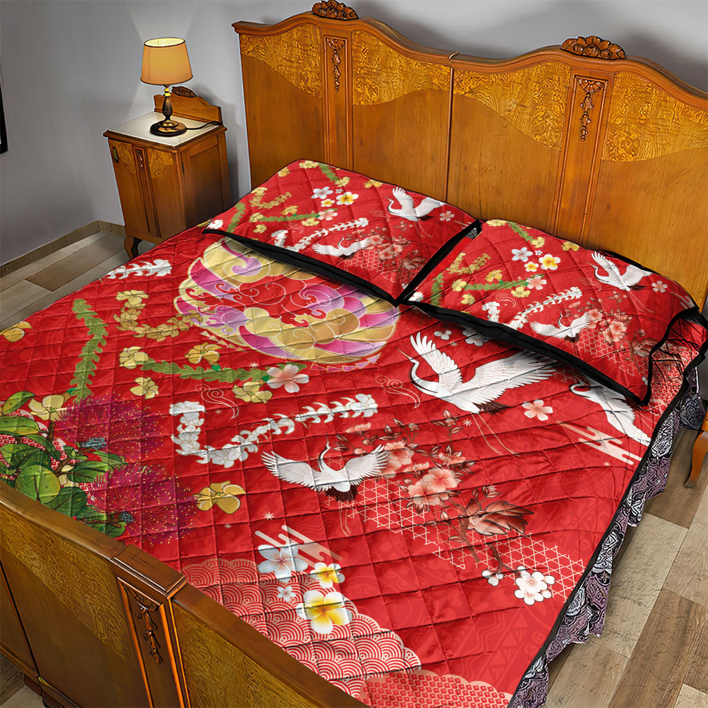 Hawaiian and Japanese Culture Together Quilt Bed Set Kakau Tribal Pattern and Irezumi Art Red Color LT03 - Polynesian Pride