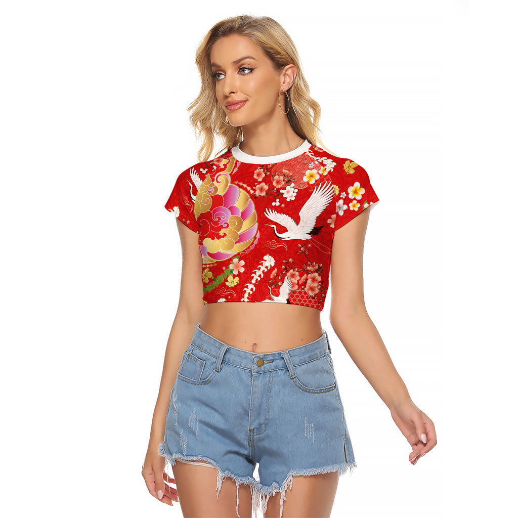 Hawaiian and Japanese Culture Together Raglan Cropped T Shirt Kakau Tribal Pattern and Irezumi Art Red Color LT03 Female Red - Polynesian Pride