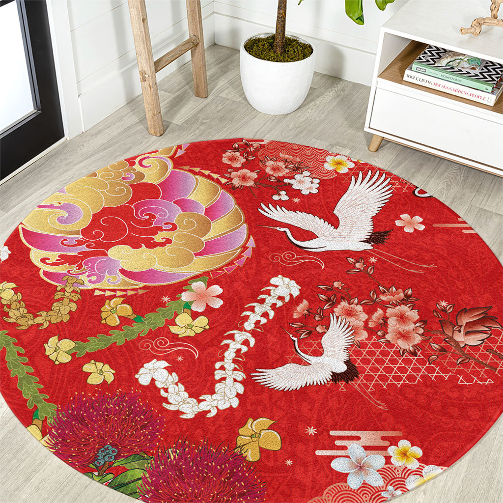 Hawaiian and Japanese Culture Together Round Carpet Kakau Tribal Pattern and Irezumi Art Red Color LT03 Red - Polynesian Pride