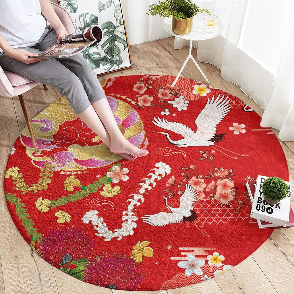Hawaiian and Japanese Culture Together Round Carpet Kakau Tribal Pattern and Irezumi Art Red Color LT03 - Polynesian Pride