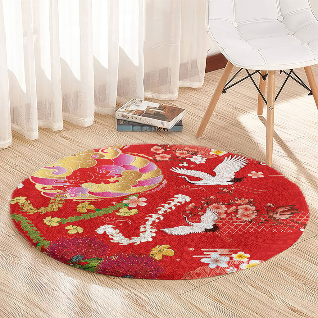 Hawaiian and Japanese Culture Together Round Carpet Kakau Tribal Pattern and Irezumi Art Red Color LT03 - Polynesian Pride