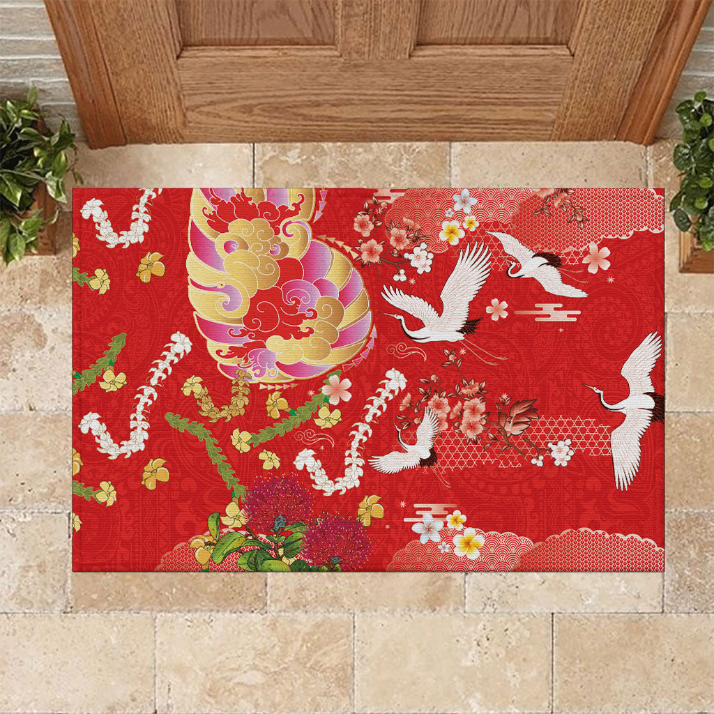 Hawaiian and Japanese Culture Together Rubber Doormat Kakau Tribal Pattern and Irezumi Art Red Color LT03 Red - Polynesian Pride