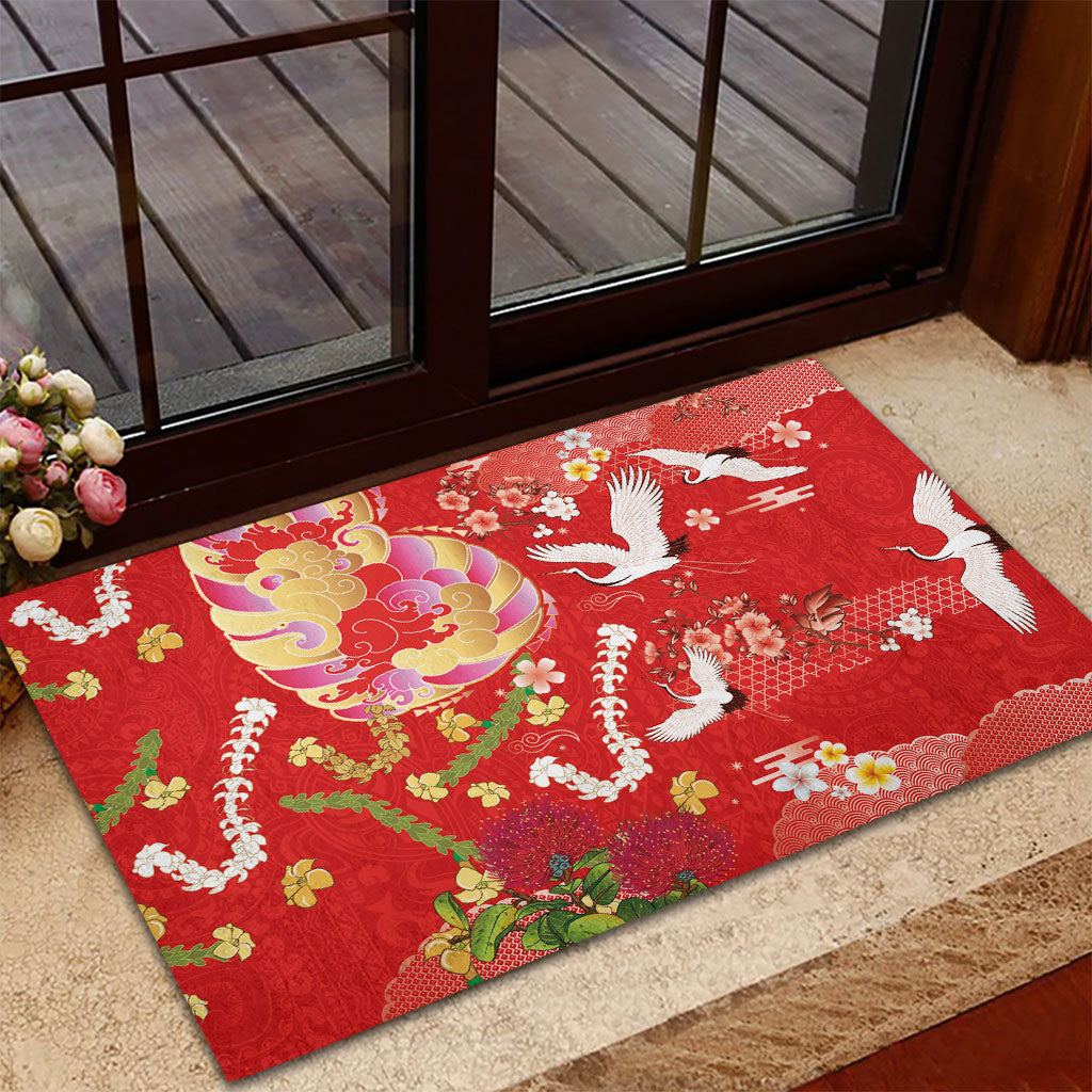 Hawaiian and Japanese Culture Together Rubber Doormat Kakau Tribal Pattern and Irezumi Art Red Color LT03 - Polynesian Pride