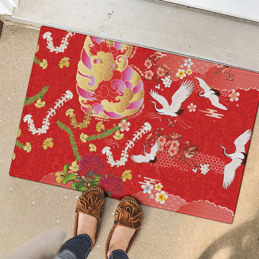 Hawaiian and Japanese Culture Together Rubber Doormat Kakau Tribal Pattern and Irezumi Art Red Color LT03 - Polynesian Pride