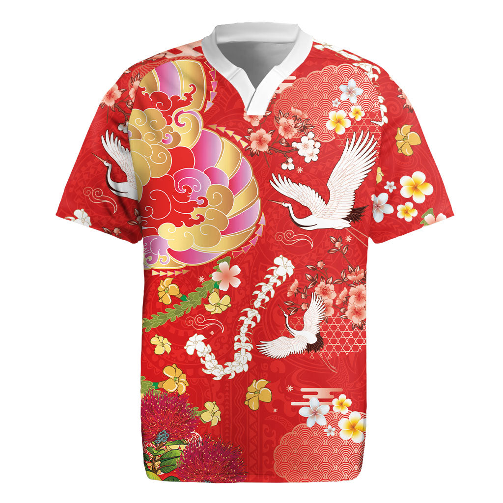 Hawaiian and Japanese Culture Together Rugby Jersey Kakau Tribal Pattern and Irezumi Art Red Color LT03 Red - Polynesian Pride