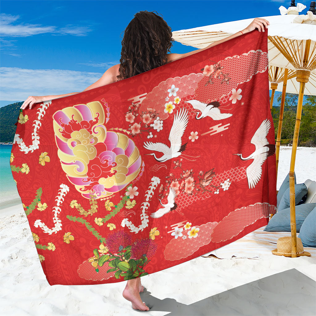 Hawaiian and Japanese Culture Together Sarong Kakau Tribal Pattern and Irezumi Art Red Color LT03 One Size 44 x 66 inches Red - Polynesian Pride