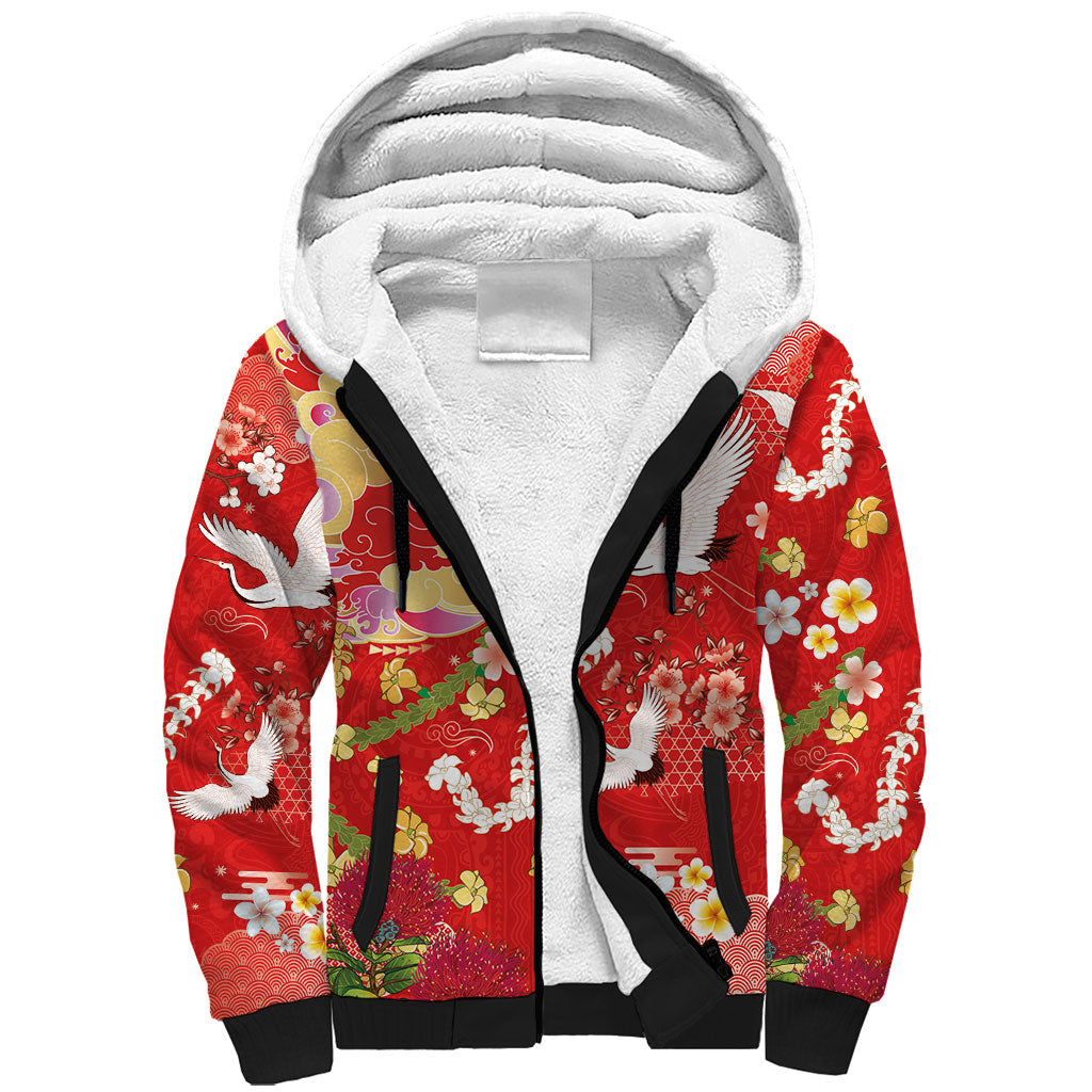 Hawaiian and Japanese Culture Together Sherpa Hoodie Kakau Tribal Pattern and Irezumi Art Red Color LT03 Unisex Red - Polynesian Pride