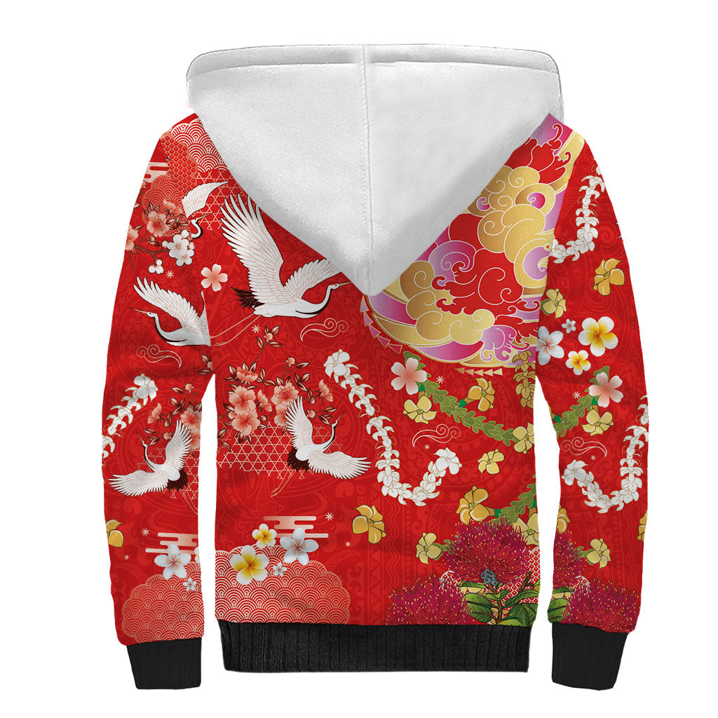 Hawaiian and Japanese Culture Together Sherpa Hoodie Kakau Tribal Pattern and Irezumi Art Red Color