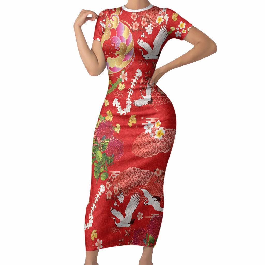 Hawaiian and Japanese Culture Together Short Sleeve Bodycon Dress Kakau Tribal Pattern and Irezumi Art Red Color LT03 Long Dress Red - Polynesian Pride