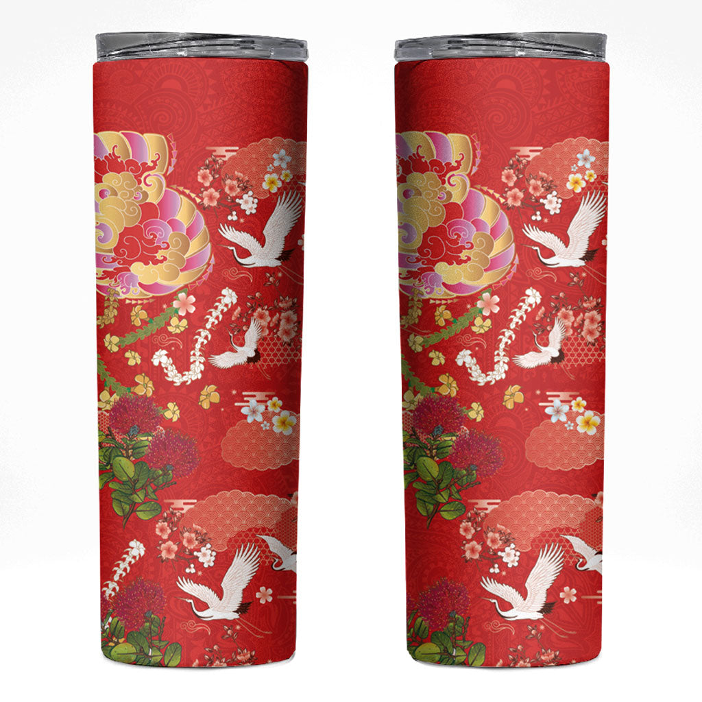 Hawaiian and Japanese Culture Together Skinny Tumbler Kakau Tribal Pattern and Irezumi Art Red Color LT03 Red - Polynesian Pride