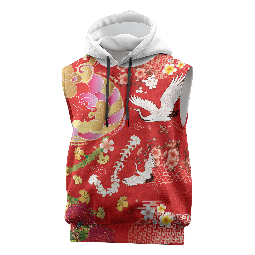 Hawaiian and Japanese Culture Together Sleeveless Hoodie Kakau Tribal Pattern and Irezumi Art Red Color LT03 Red - Polynesian Pride