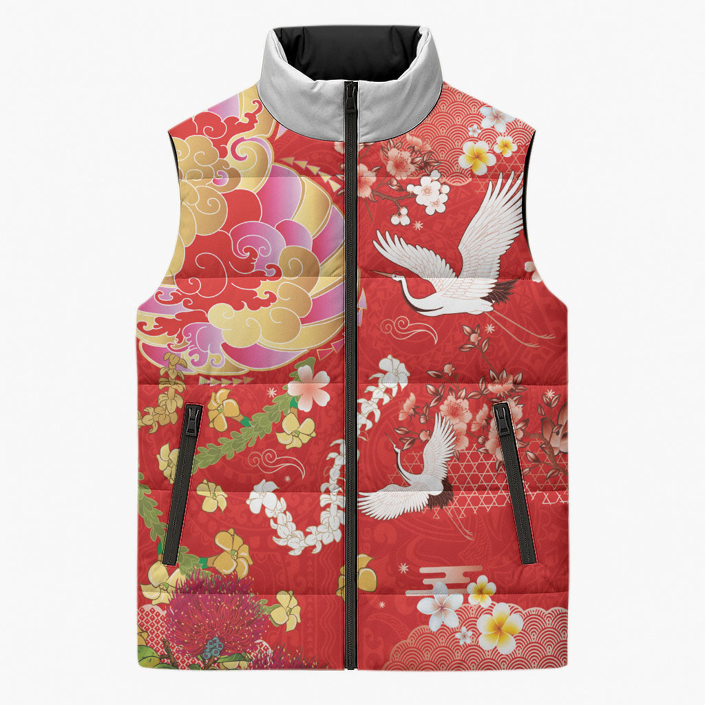 Hawaiian and Japanese Culture Together Sleeveless Puffer Jacket Kakau Tribal Pattern and Irezumi Art Red Color LT03 Unisex Red - Polynesian Pride