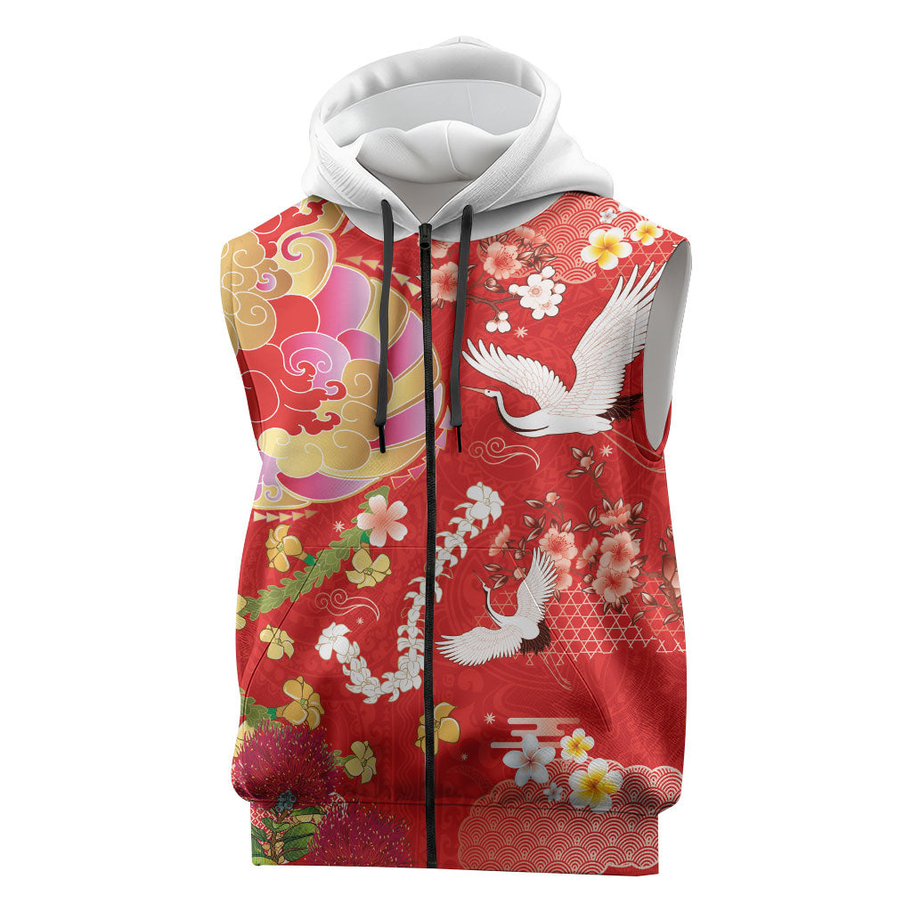 Hawaiian and Japanese Culture Together Sleeveless Zip Hoodie Kakau Tribal Pattern and Irezumi Art Red Color LT03 Red - Polynesian Pride