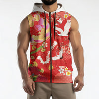 Hawaiian and Japanese Culture Together Sleeveless Zip Hoodie Kakau Tribal Pattern and Irezumi Art Red Color
