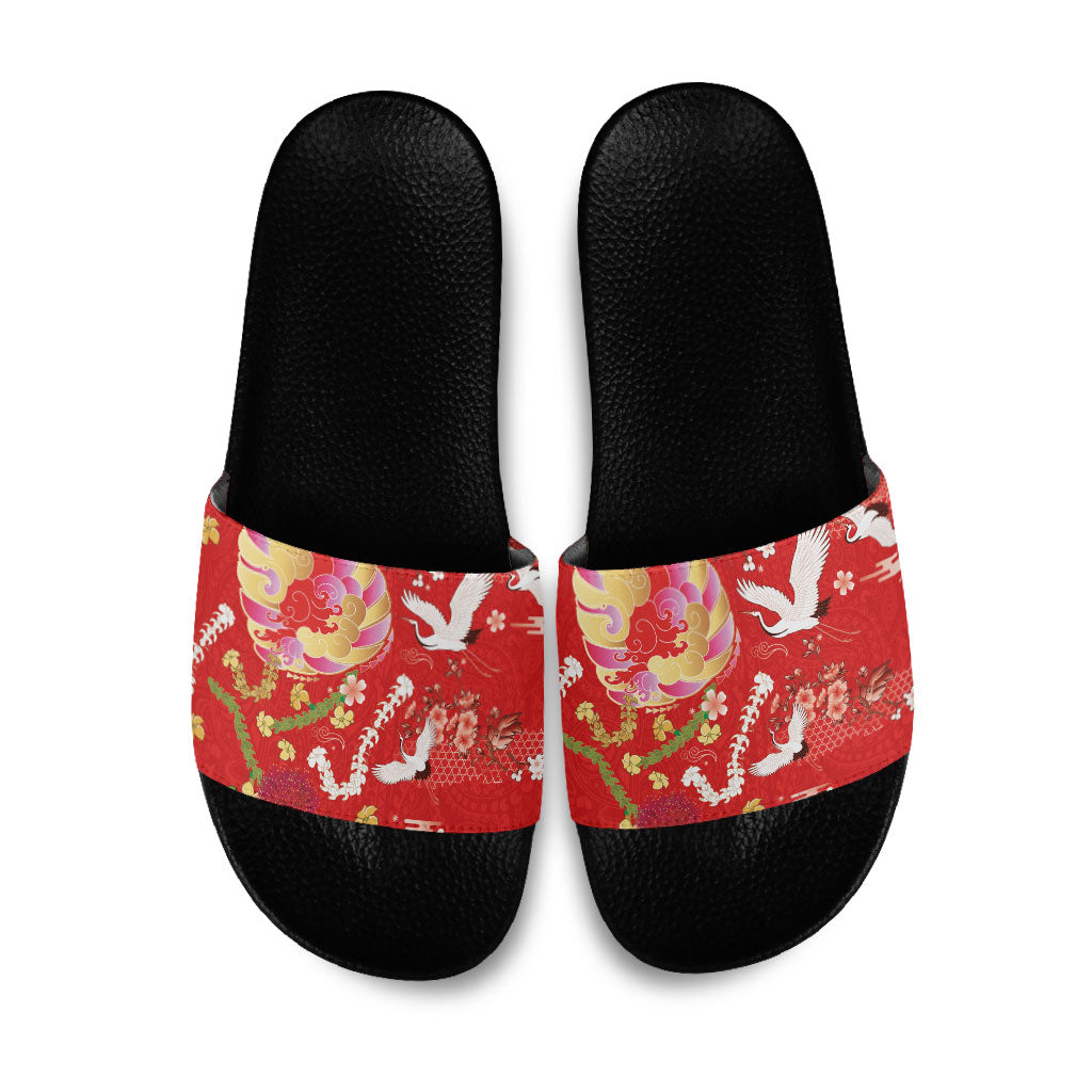 Hawaiian and Japanese Culture Together Slide Sandals Kakau Tribal Pattern and Irezumi Art Red Color LT03 Red - Polynesian Pride