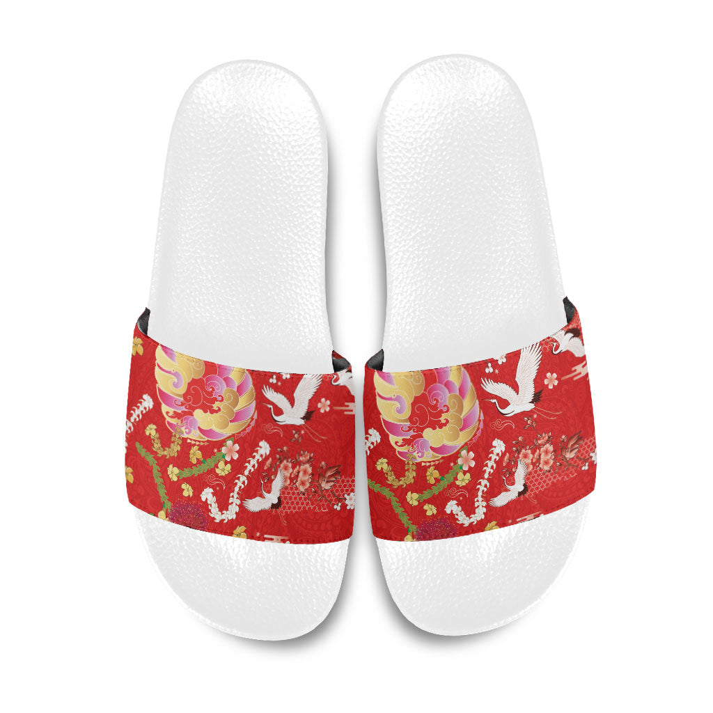 Hawaiian and Japanese Culture Together Slide Sandals Kakau Tribal Pattern and Irezumi Art Red Color LT03 Red - Polynesian Pride
