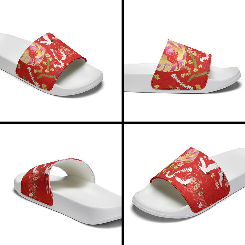 Hawaiian and Japanese Culture Together Slide Sandals Kakau Tribal Pattern and Irezumi Art Red Color LT03 - Polynesian Pride
