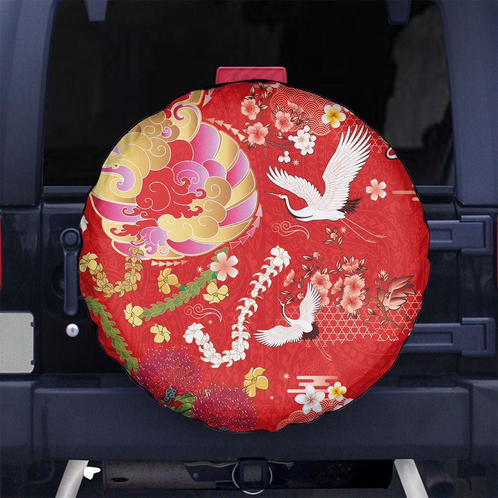 Hawaiian and Japanese Culture Together Spare Tire Cover Kakau Tribal Pattern and Irezumi Art Red Color LT03 No hole Red - Polynesian Pride