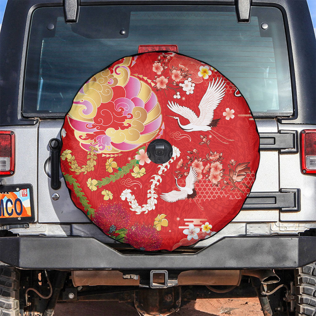 Hawaiian and Japanese Culture Together Spare Tire Cover Kakau Tribal Pattern and Irezumi Art Red Color LT03 Red - Polynesian Pride