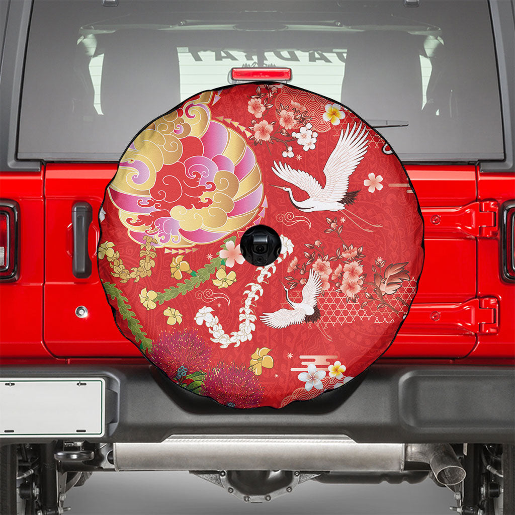 Hawaiian and Japanese Culture Together Spare Tire Cover Kakau Tribal Pattern and Irezumi Art Red Color LT03 - Polynesian Pride