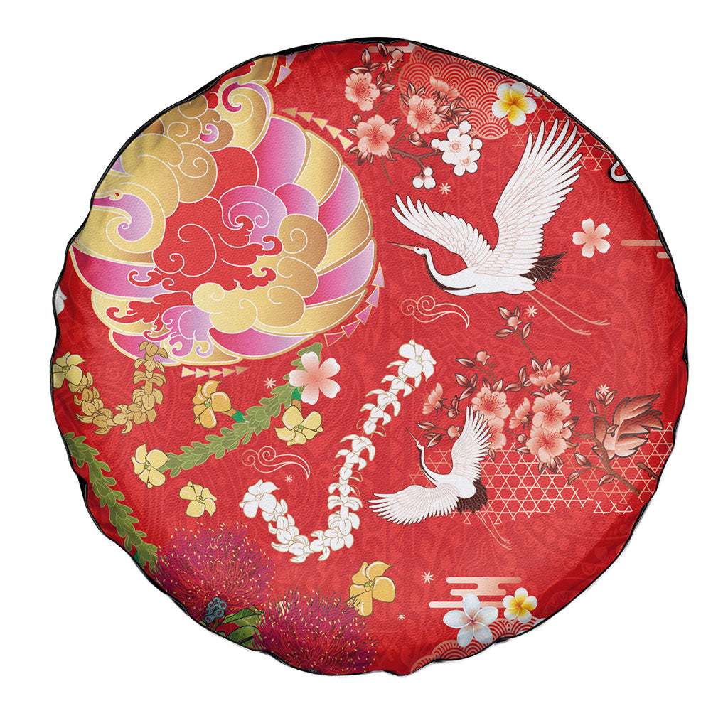 Hawaiian and Japanese Culture Together Spare Tire Cover Kakau Tribal Pattern and Irezumi Art Red Color LT03 - Polynesian Pride